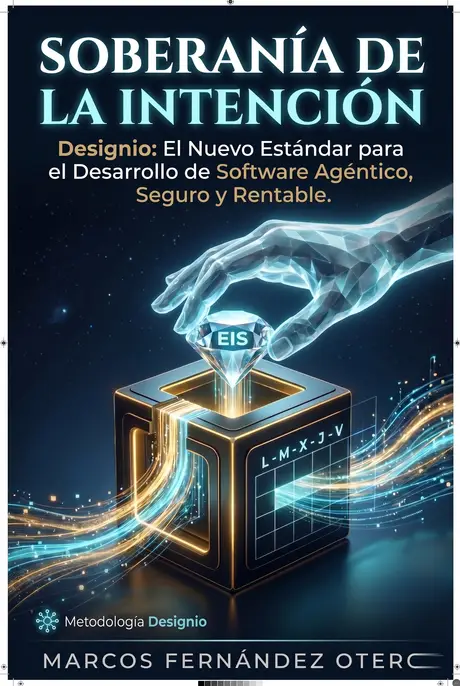 Portada del libro «Soberanía de la Intención»: una mano translúcida de luz deposita el diamante EIS sobre el cubo dorado del sprint, entre flujos de datos cian